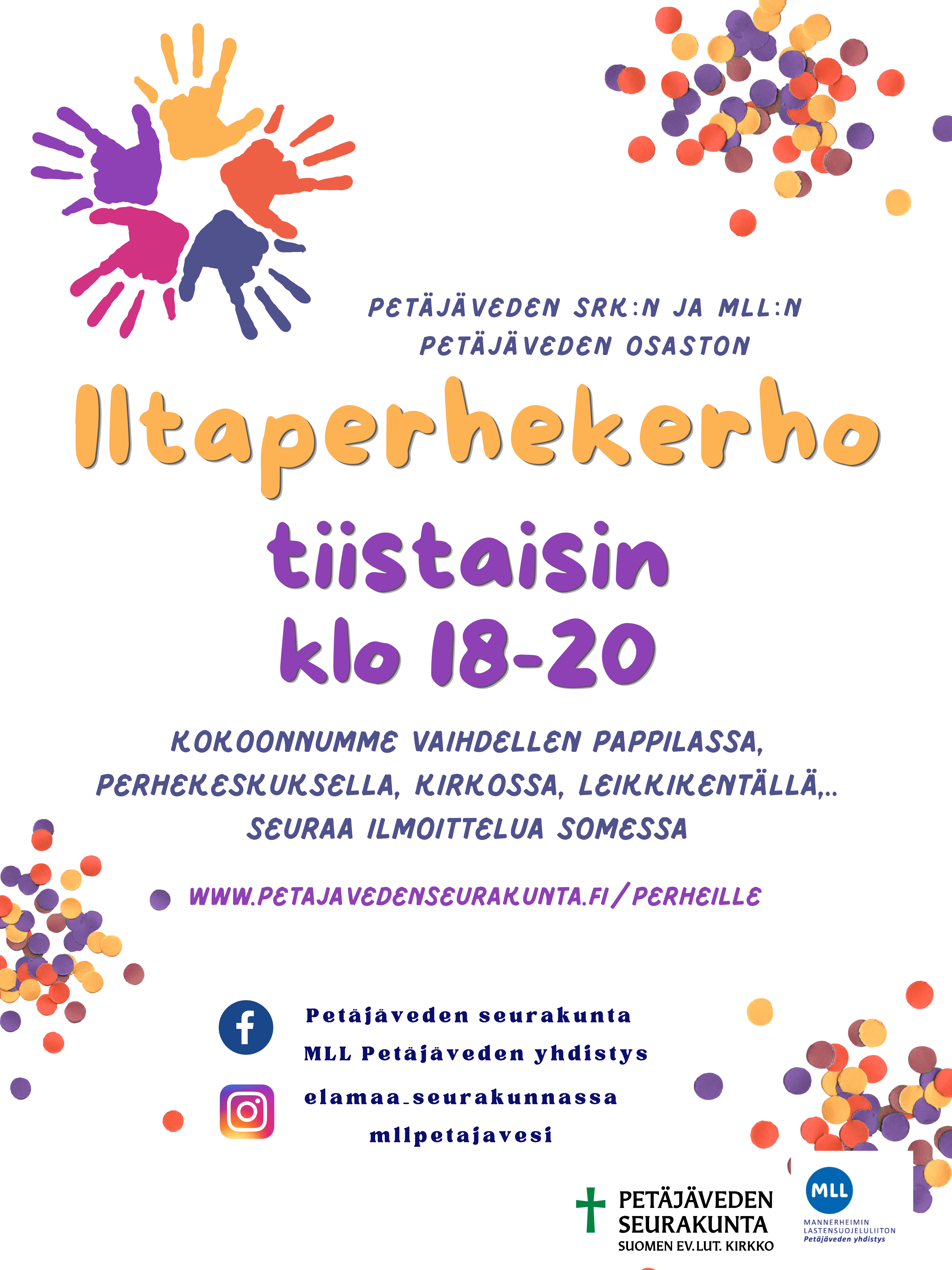 Mainos jossa värikkäitä täpliä ja kämmenenjälkiä.