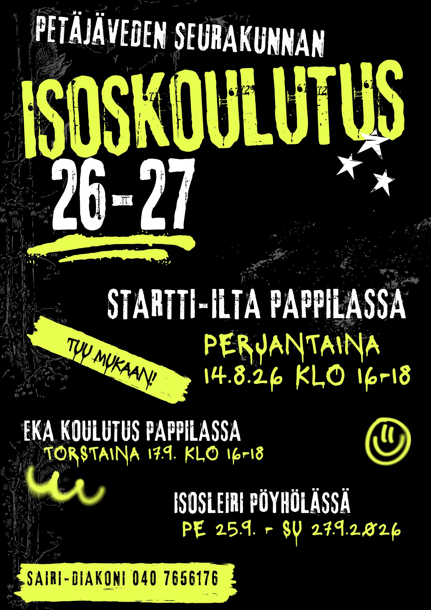 mustalla pohjalla keltaista ja valkoista tekstiä isoskoulutuksesta