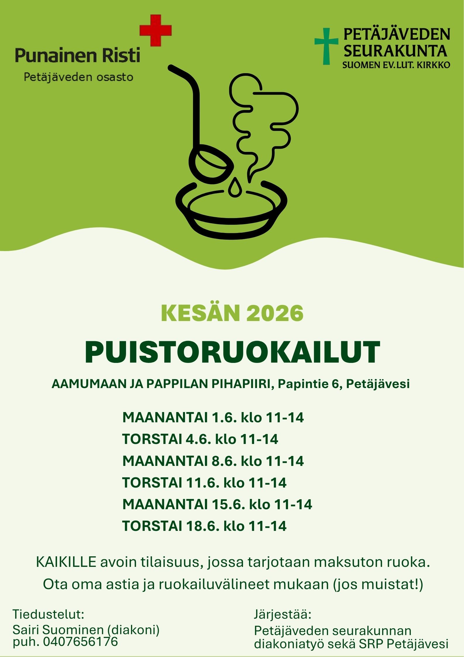 Vihreällä pohjalla suuri soppakauha ja teksti puistoruokailuista