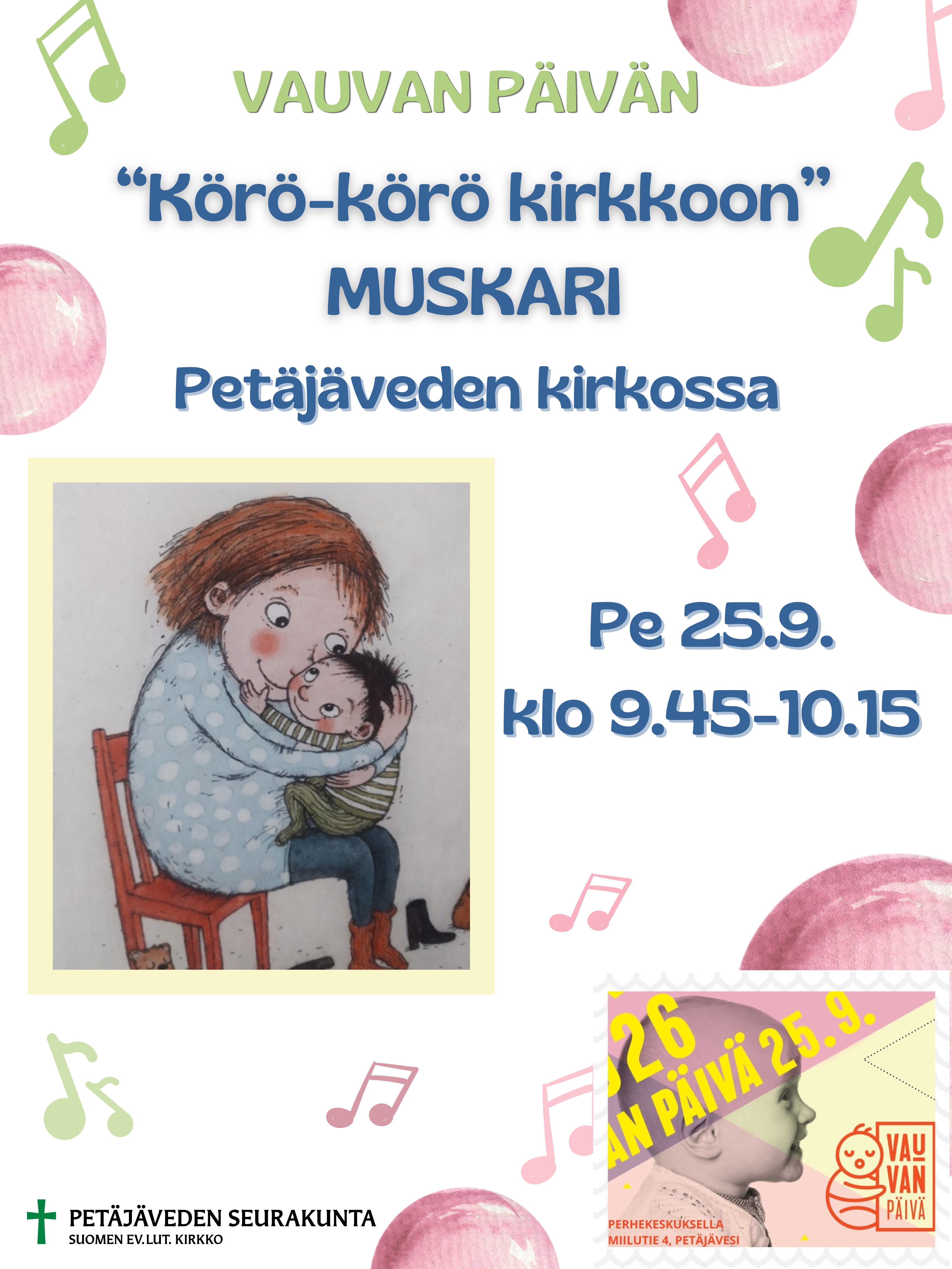 Äiti jonka sylissä lapsi, vauva, nuotteja, värikkäitä palloja