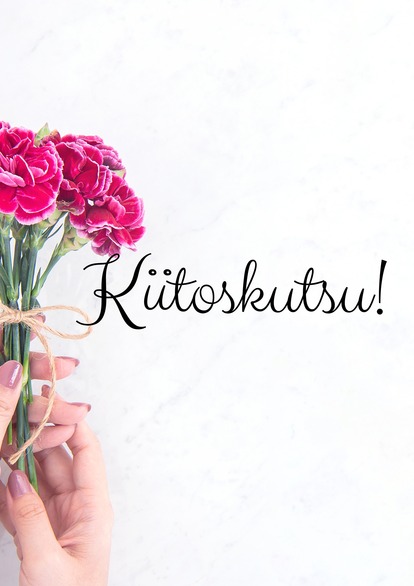 käsi pitelee punaisia neilikoita, joiden vieressä lukee kiitoskutsu