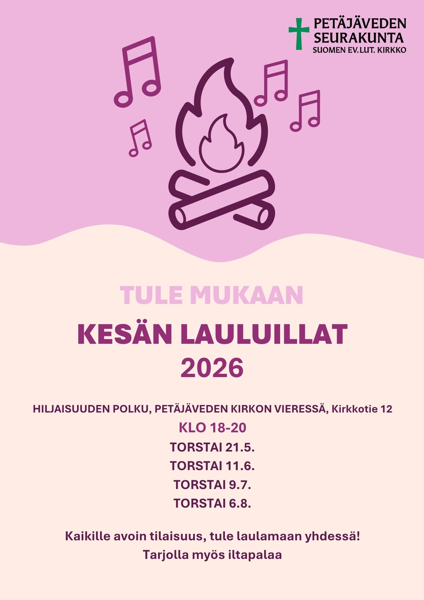 Vaalean lilalla pohjalla kuva nuotiosta ja nuoteista. Tekstissä tieto lauluilloista