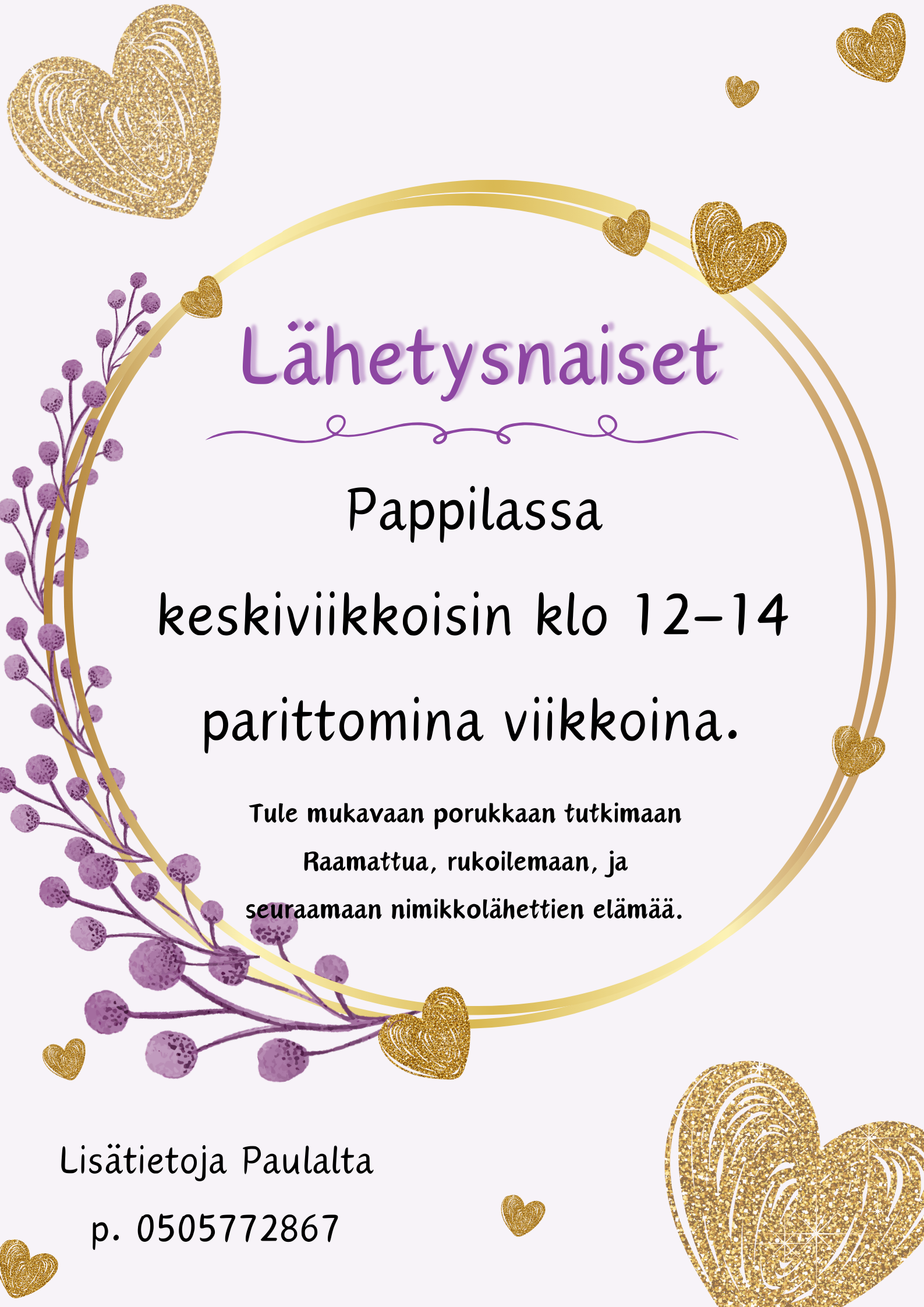 Lähetysnaiset kultainen kehä jossa sydämiä ja kukkia