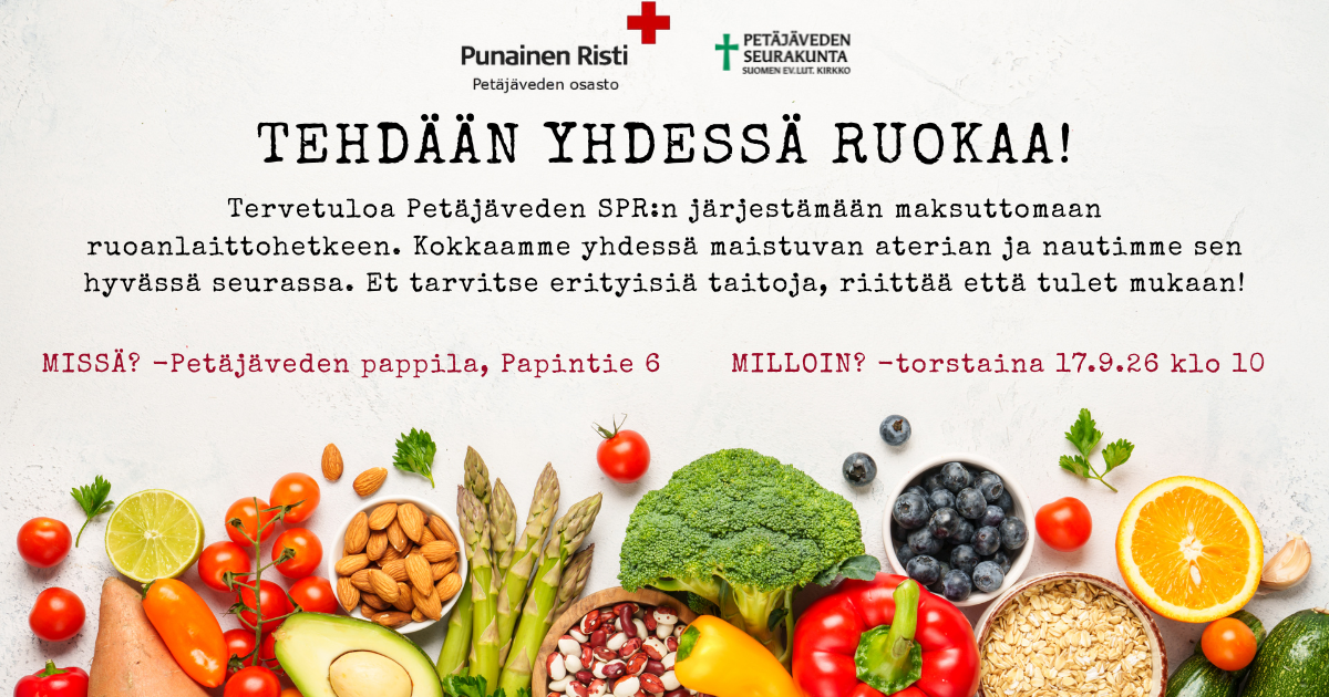 mainos tapahtumasta. alareunassa värikkäitä kasviksia