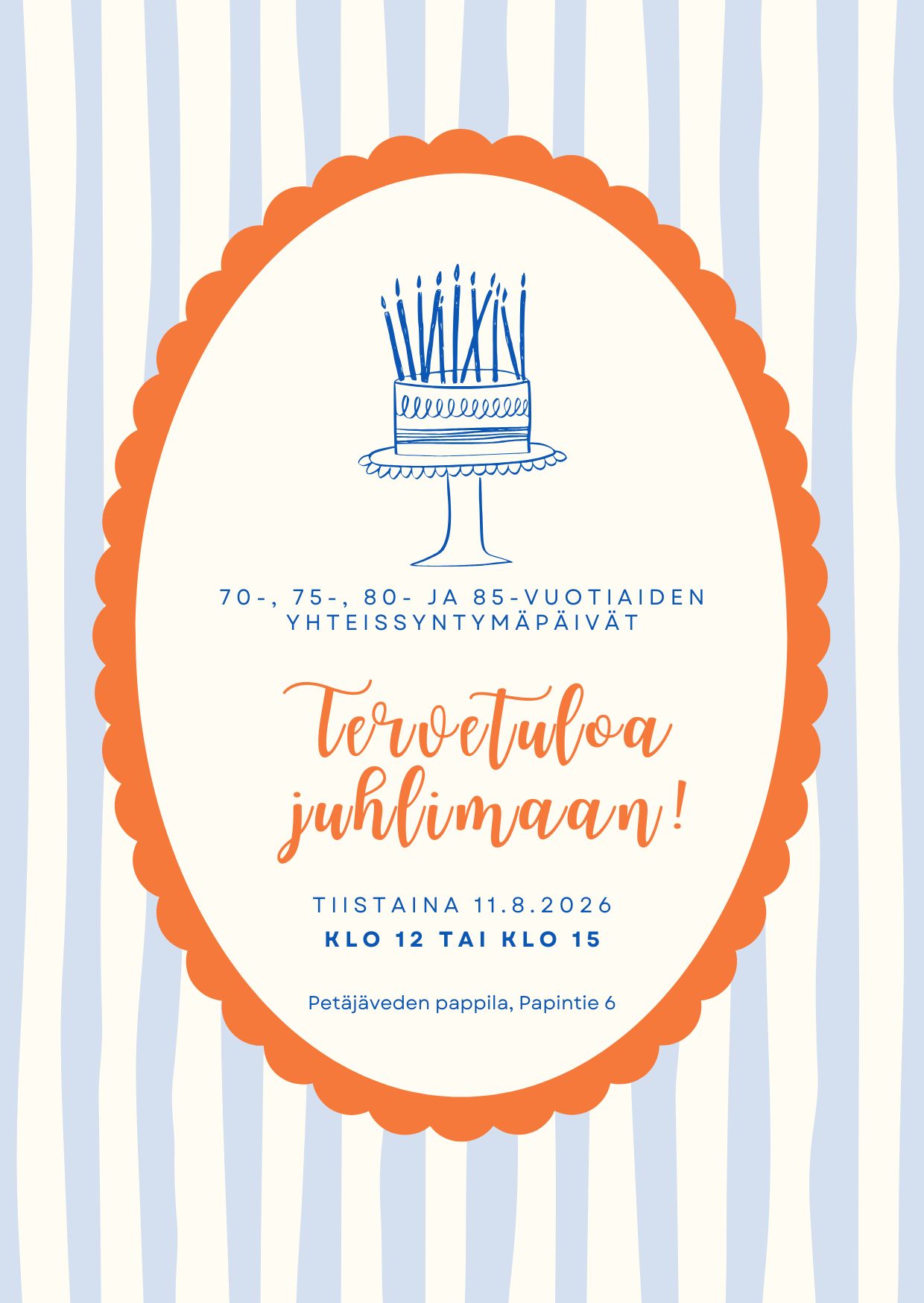 sinivalkoraidallinen kutsukortti jossa kakun kuva