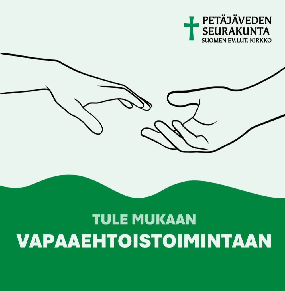vihreällä pohjalla kaksi kättä ja teksti tule mukaan vapaaehtoistoimintaan