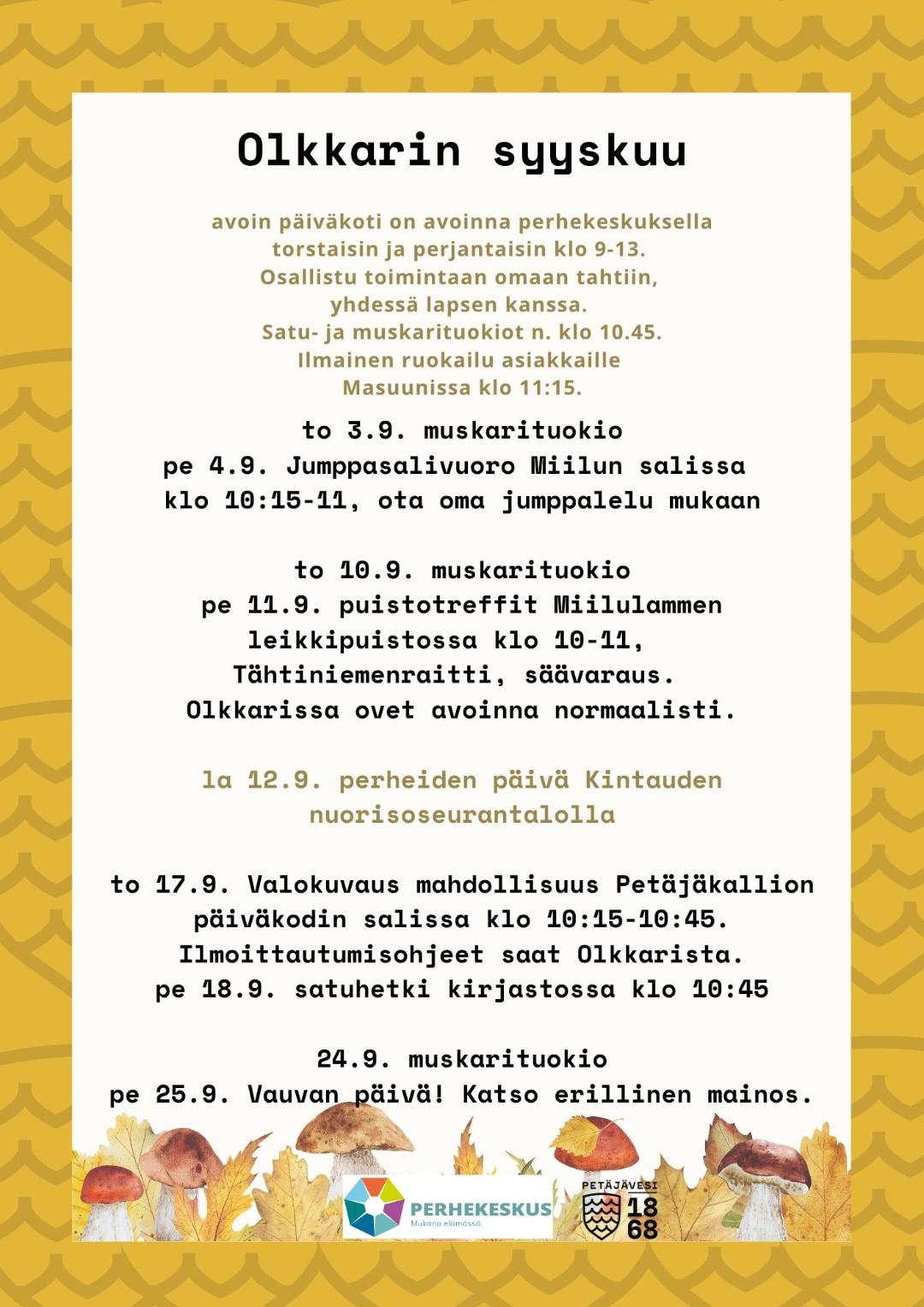 mainos jossa sieniä ja syksyn lehtiä