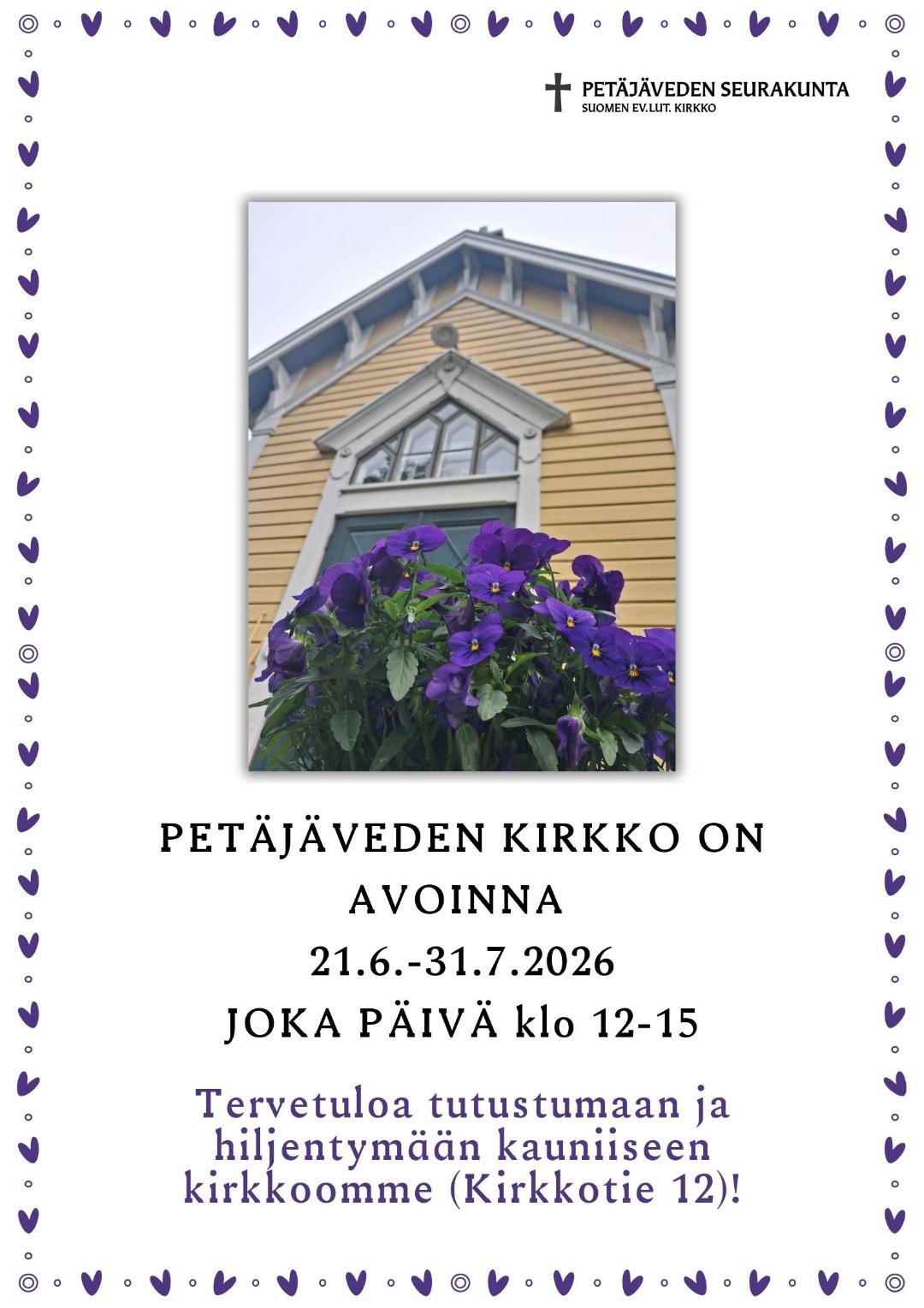 etualalla sinisiä orvokkeja ja taustalla keltainen kirkko